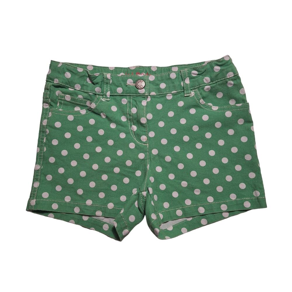 Mini Boden polka-dotted heart patch pocket denim shorts